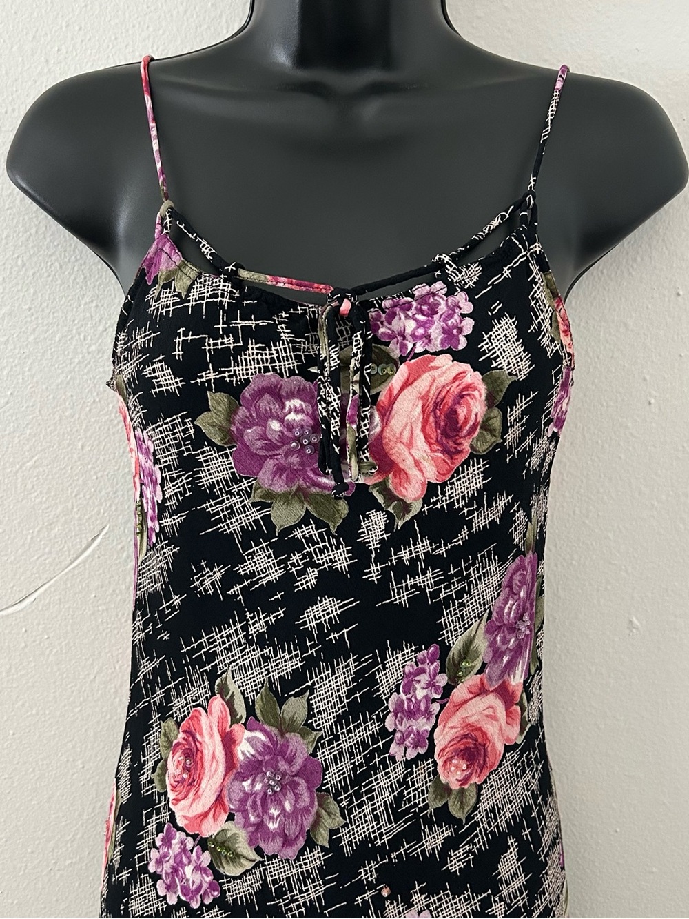 VTG 90s Floral Beaded Bias Cut Midi Slip Dress L Whimsigoth Fairy Grunge Roses - Picture 2 of 11